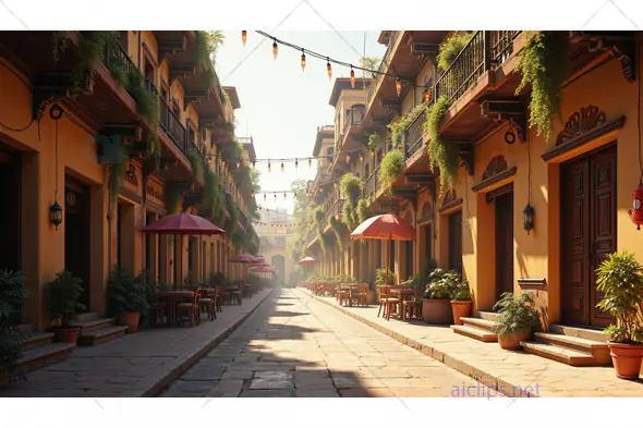 Charming Street with Outdoor Cafes and Hanging Lights