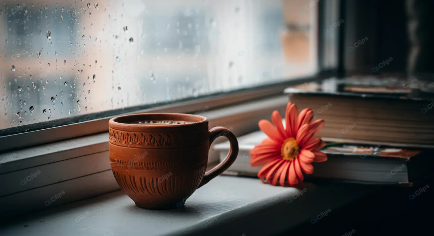 Rustic Comfort: Rainy Day Window Scene