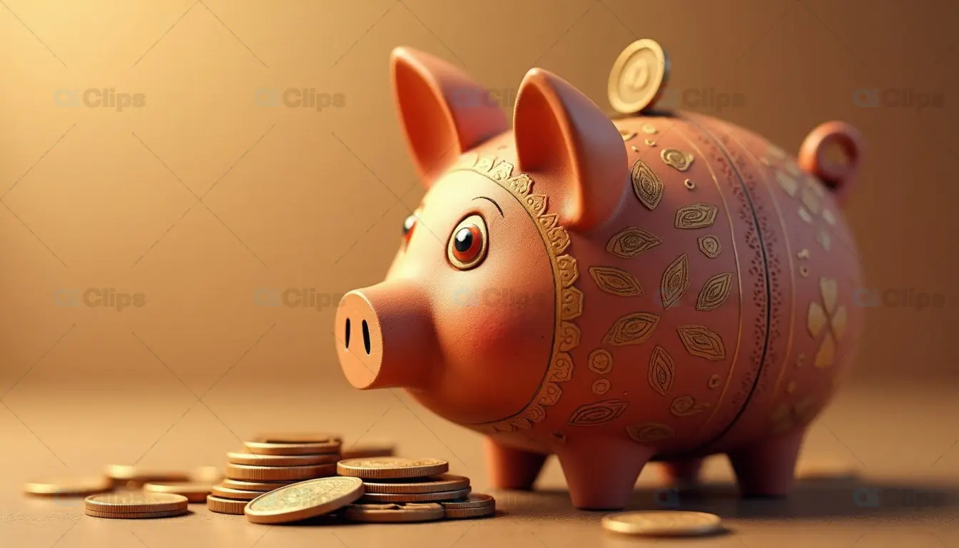Traditional Piggy Bank with Coins - Symbol of Savings and Wealth