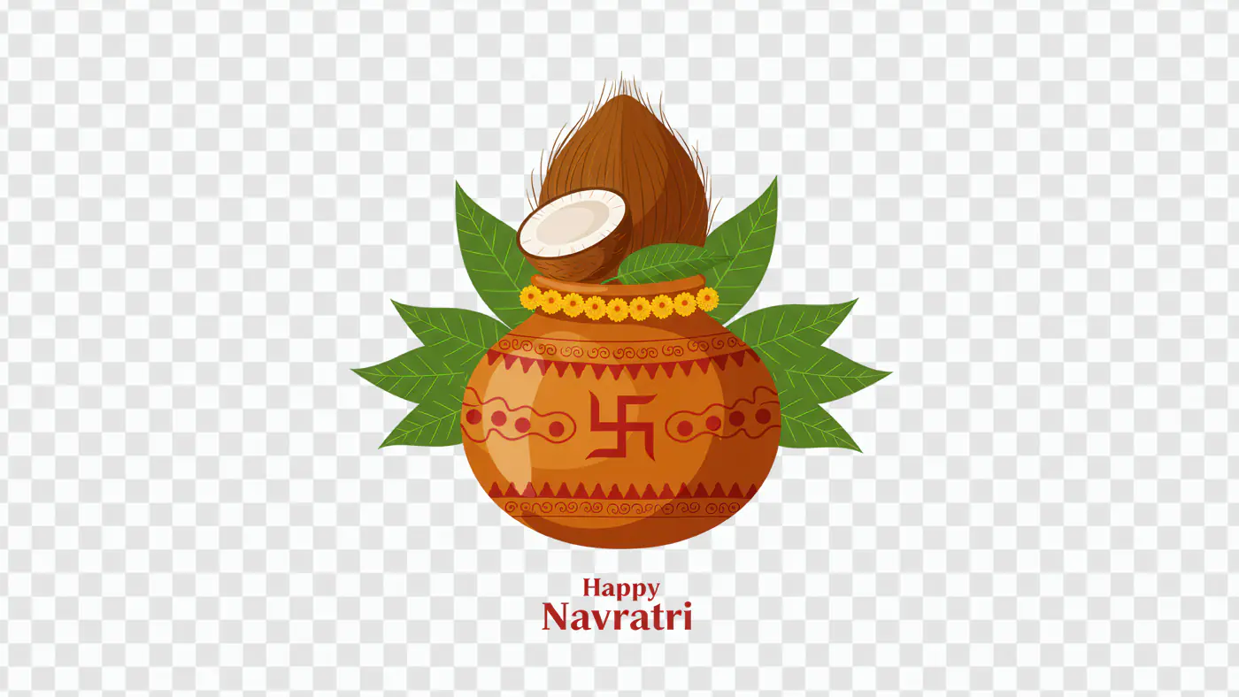 Festive Navratri Kalash with Coconut and Leaves PNG