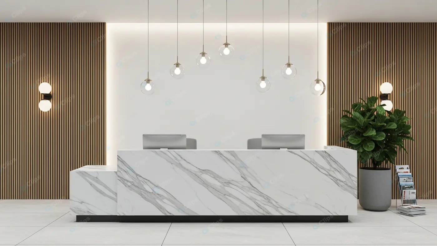 Marble Reception Desk with Pendant Lights