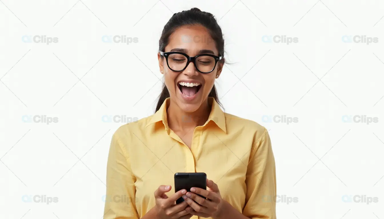 Woman Smiling at Smartphone in Excitement