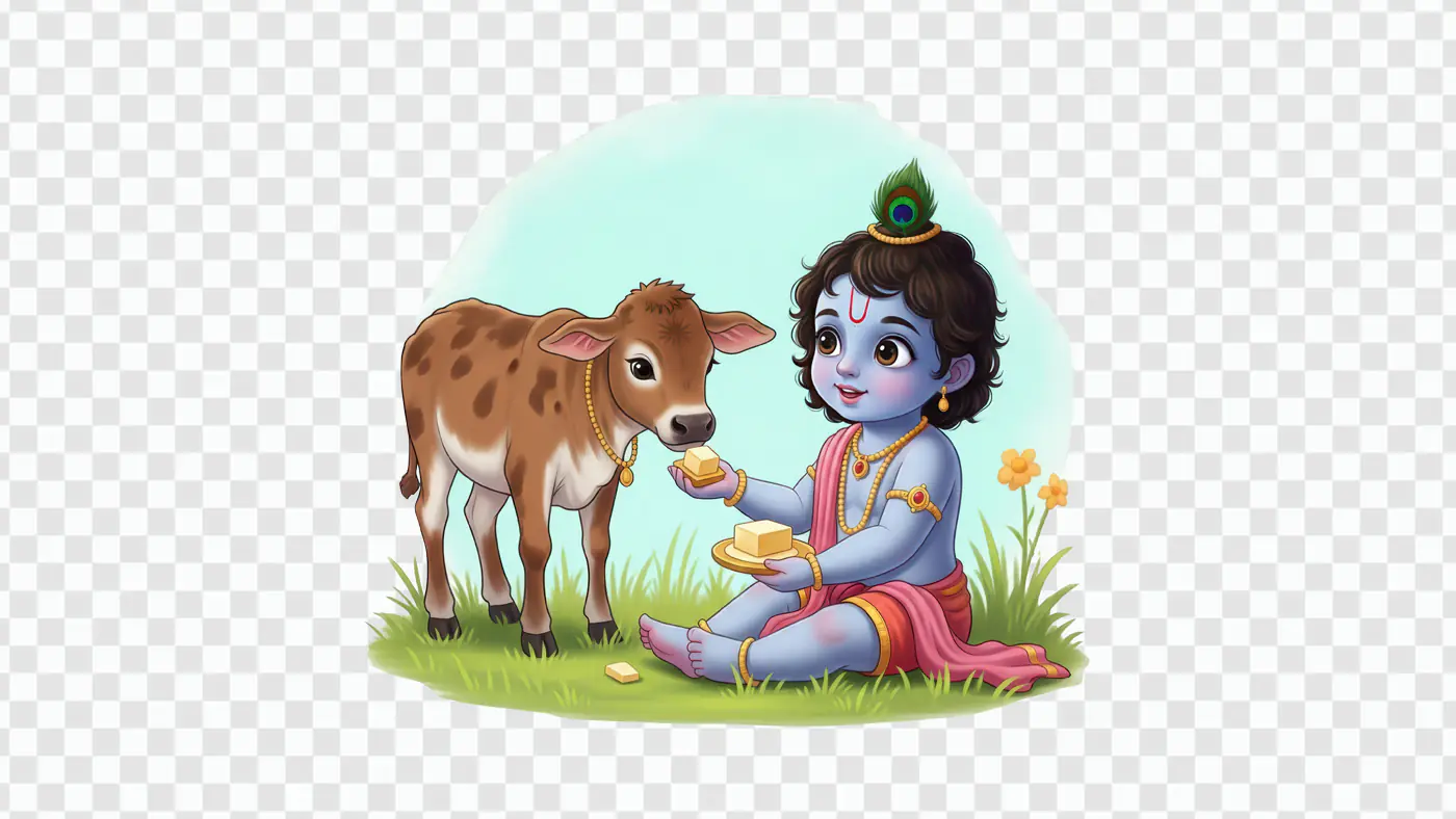Baby Krishna feeding calf cute illustration PNG