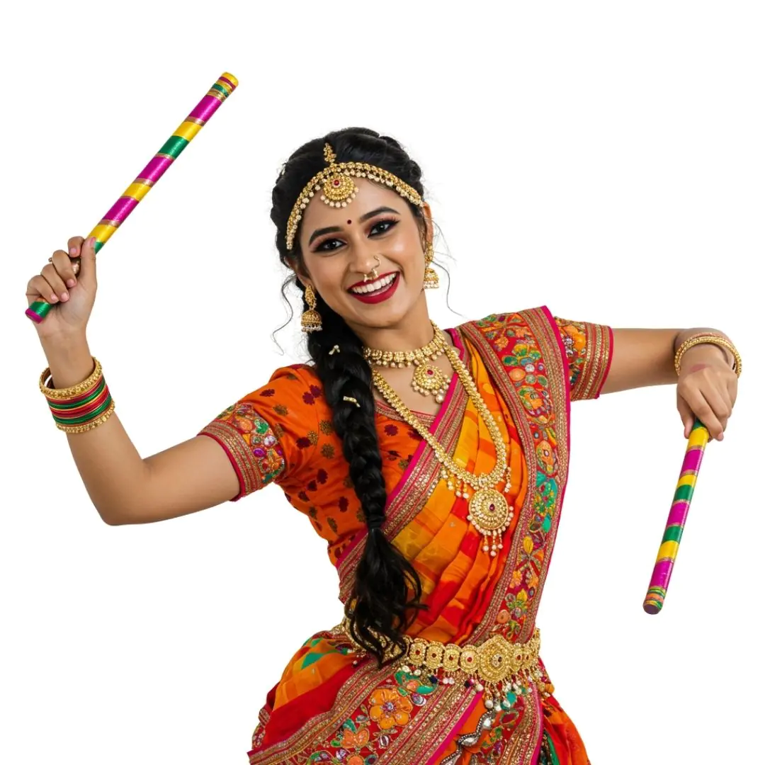 Joyful Indian Woman Dancer with Dandiya Sticks PNG