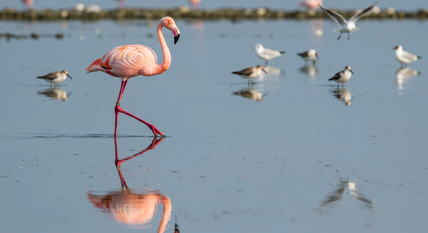 Flamingo Striding Through Shallow Wetland – Elegant Indian Birdlife Moment