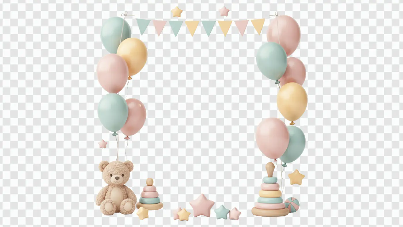 Pastel Balloon Birthday Frame with Toys PNG