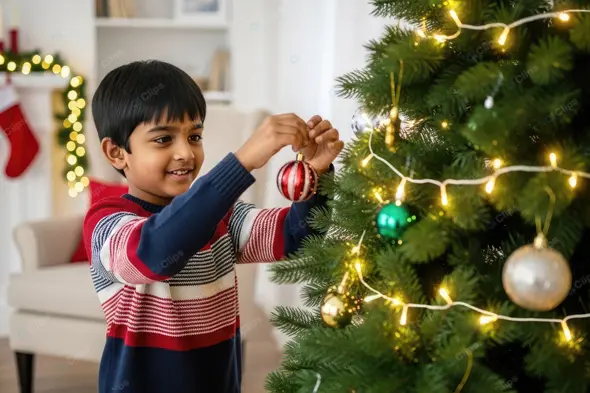 Smiling Boy Decorating a Christmas Tree