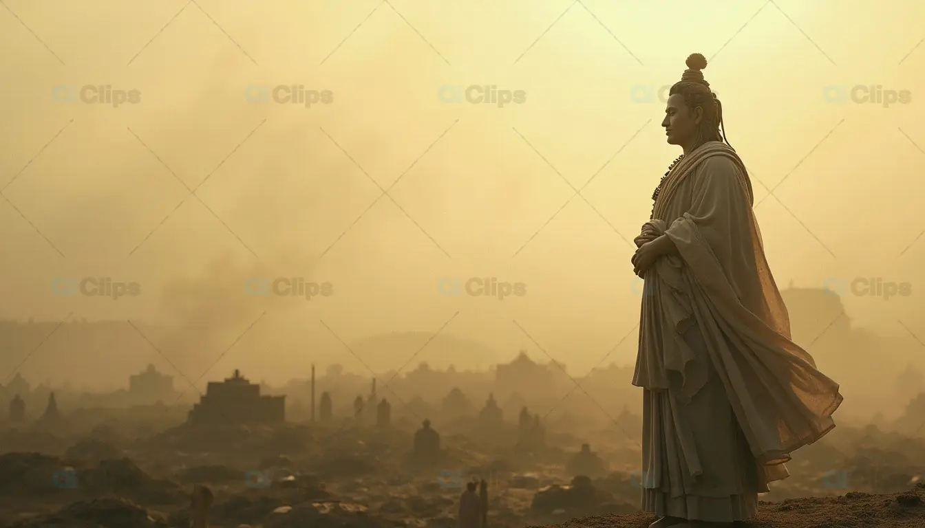 Statue of Buddha Overlooking Ancient Landscape at Sunset
