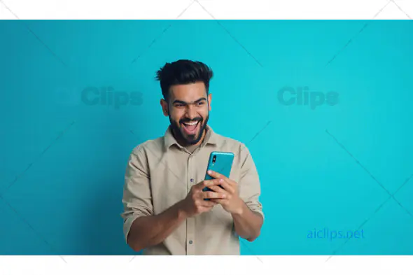 Excited Man Using Smartphone