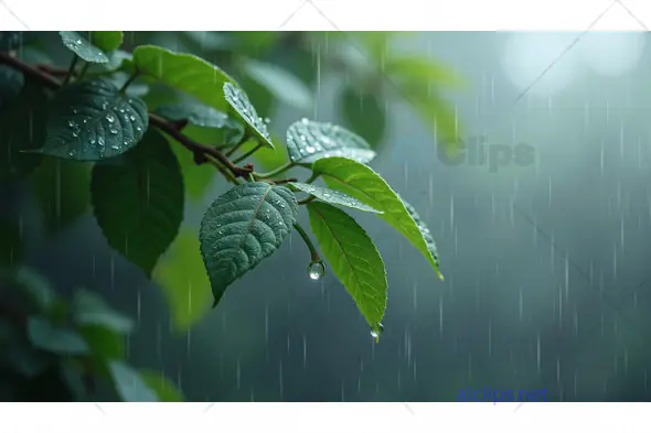 Rain-Drenched Green Leaves with Droplets