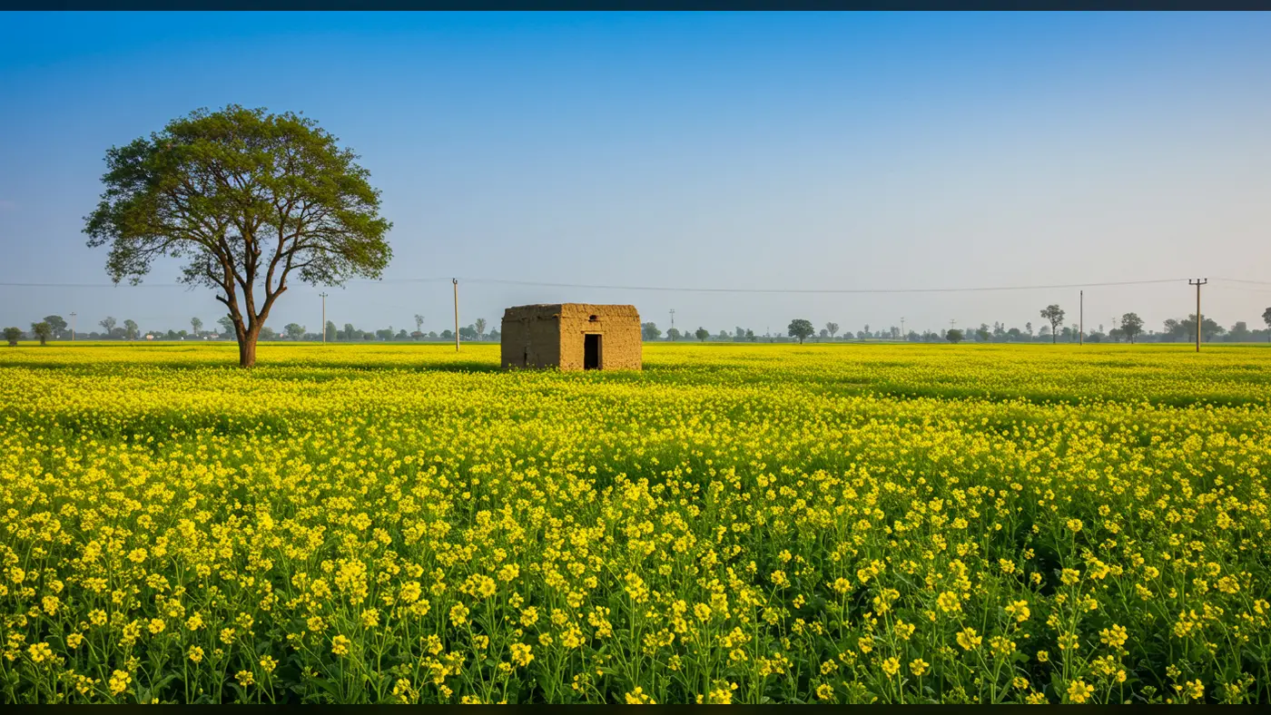 Blooming Mustard Field with Lone Tree & Hut in Rural India | AIClips Countryside Scene