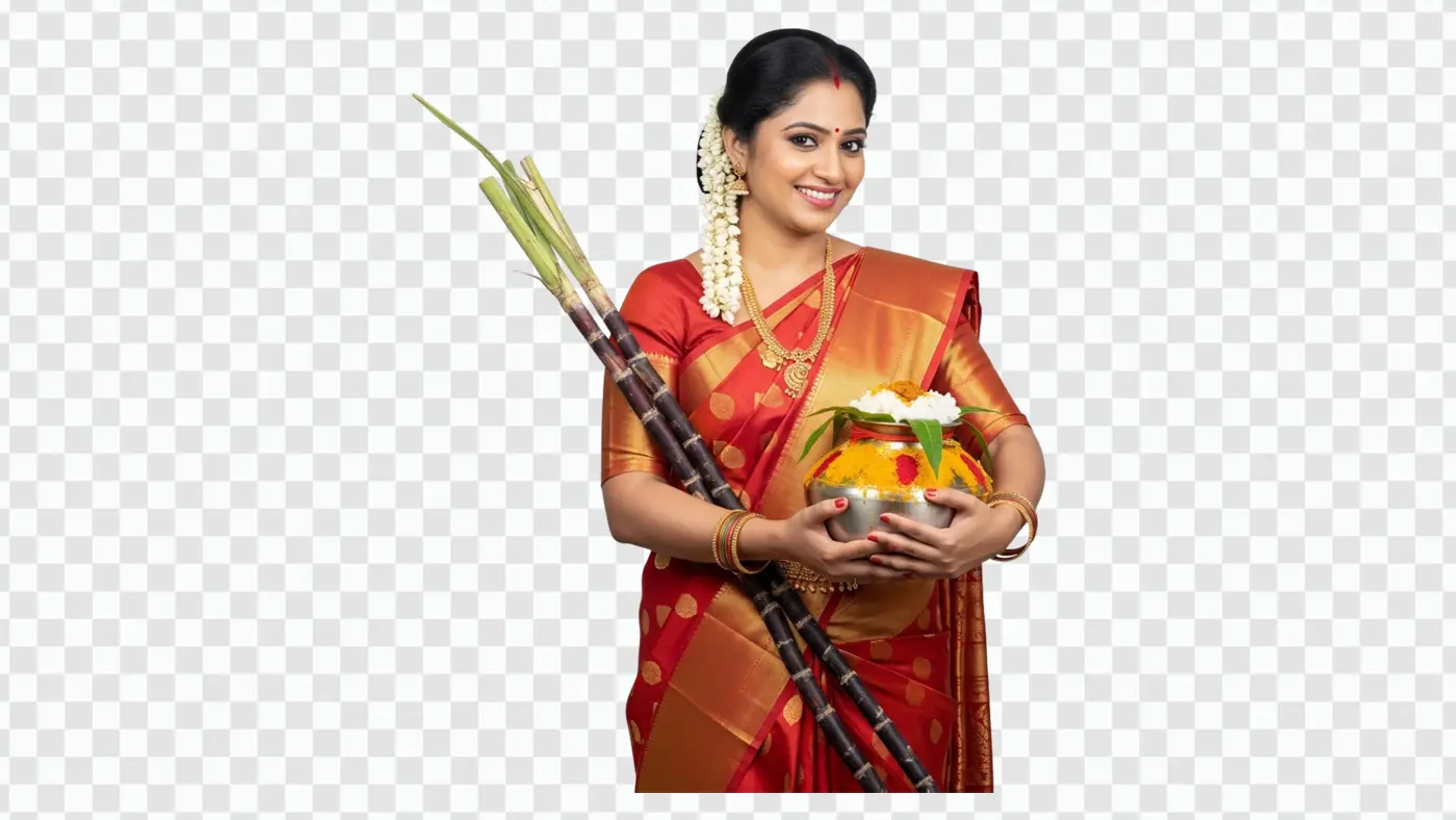 Indian Woman Celebrating Pongal Festival with Offerings PNG