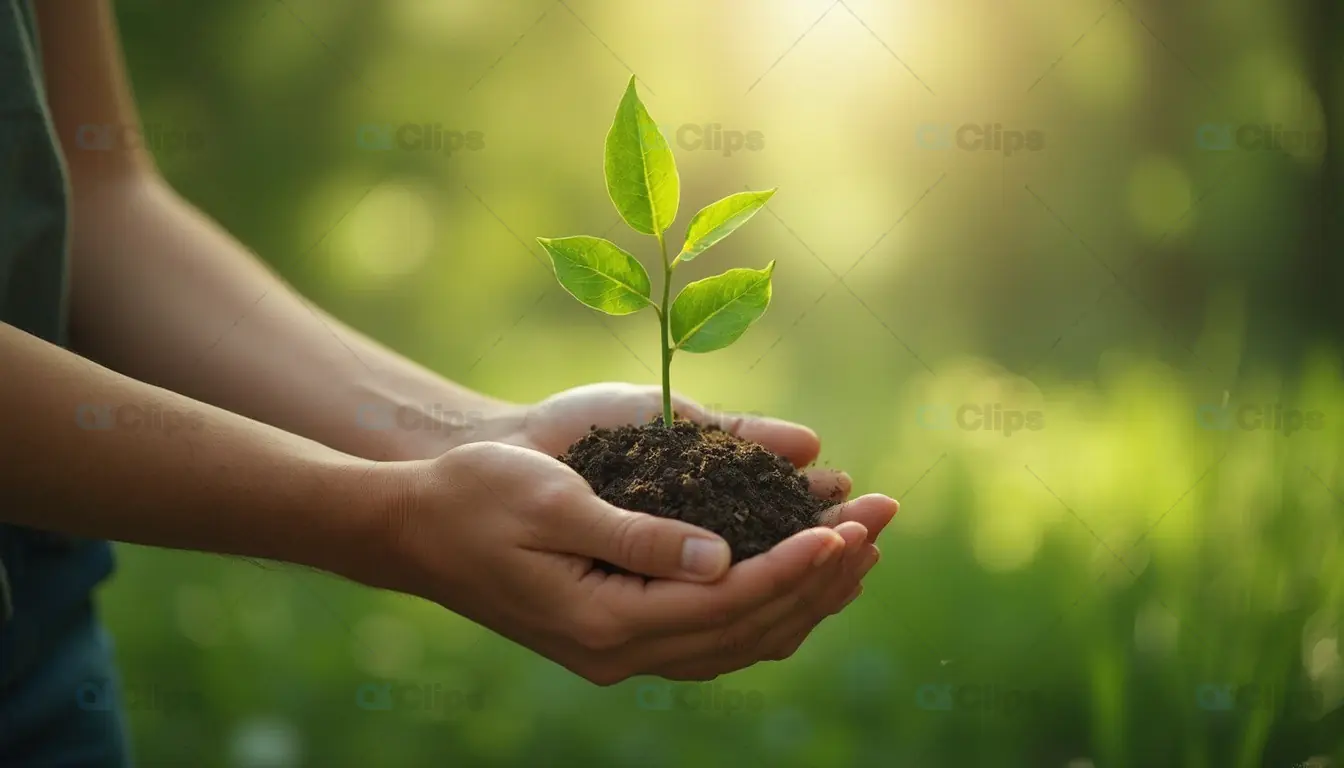 Hands Holding Seedling in Soil