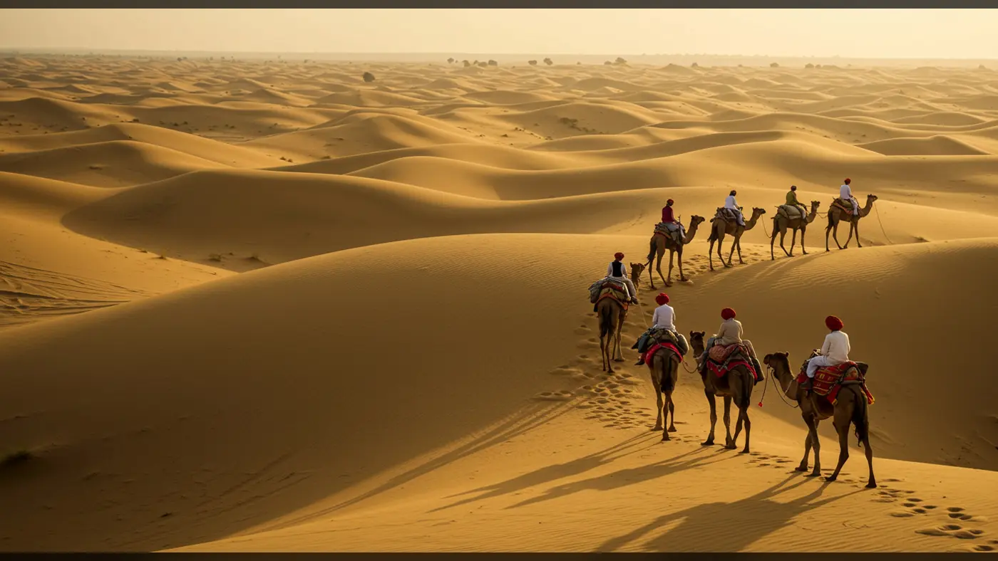 Camel Caravan Traversing the Rolling Dunes of the Thar Desert