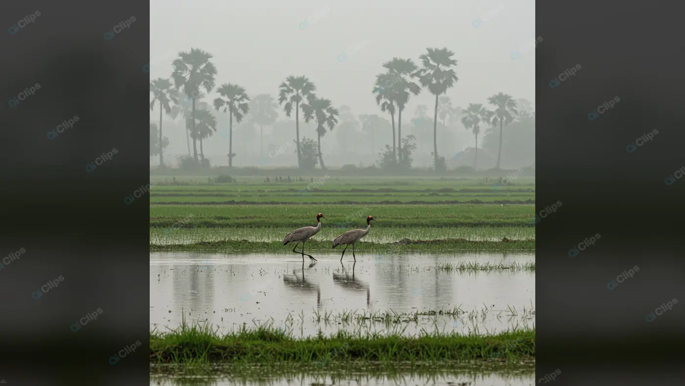 Cranes in Misty Palm Landscape