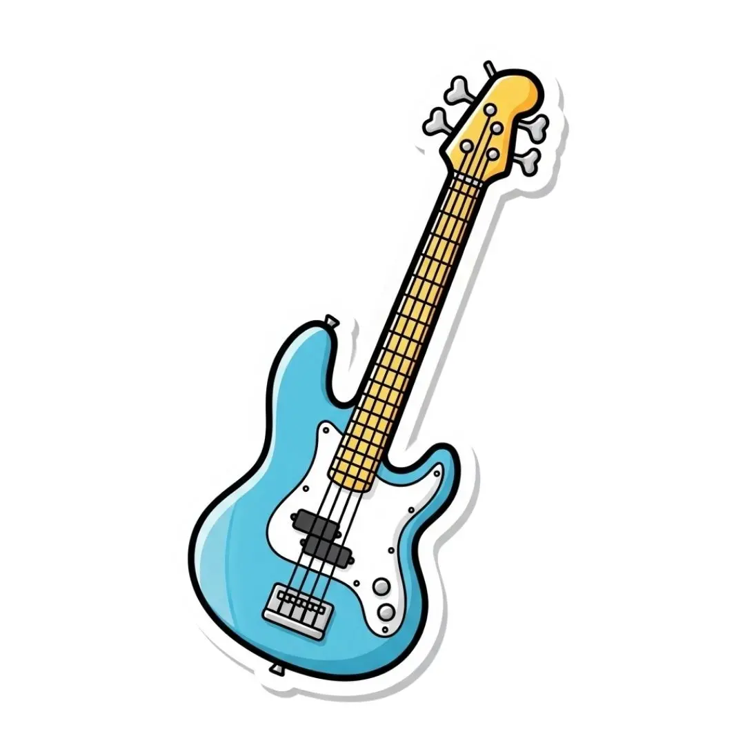 Blue Electric Bass Guitar Cartoon Sticker Style PNG