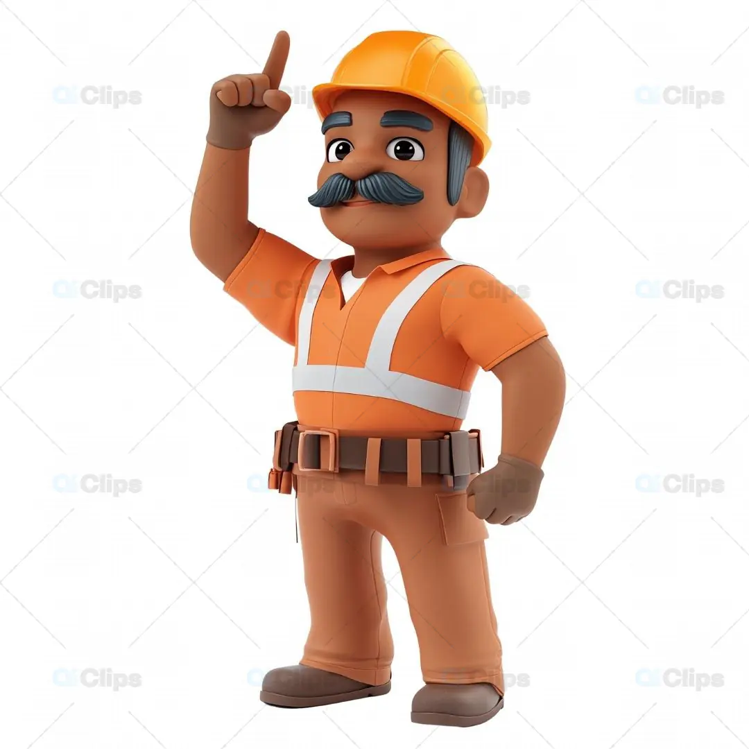 3D Construction Worker Character Pointing Up