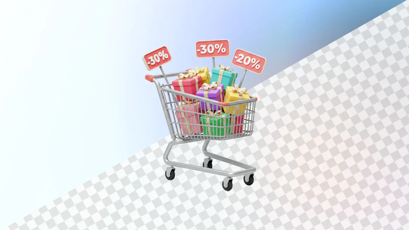 Shopping cart filled with discounted gift boxes