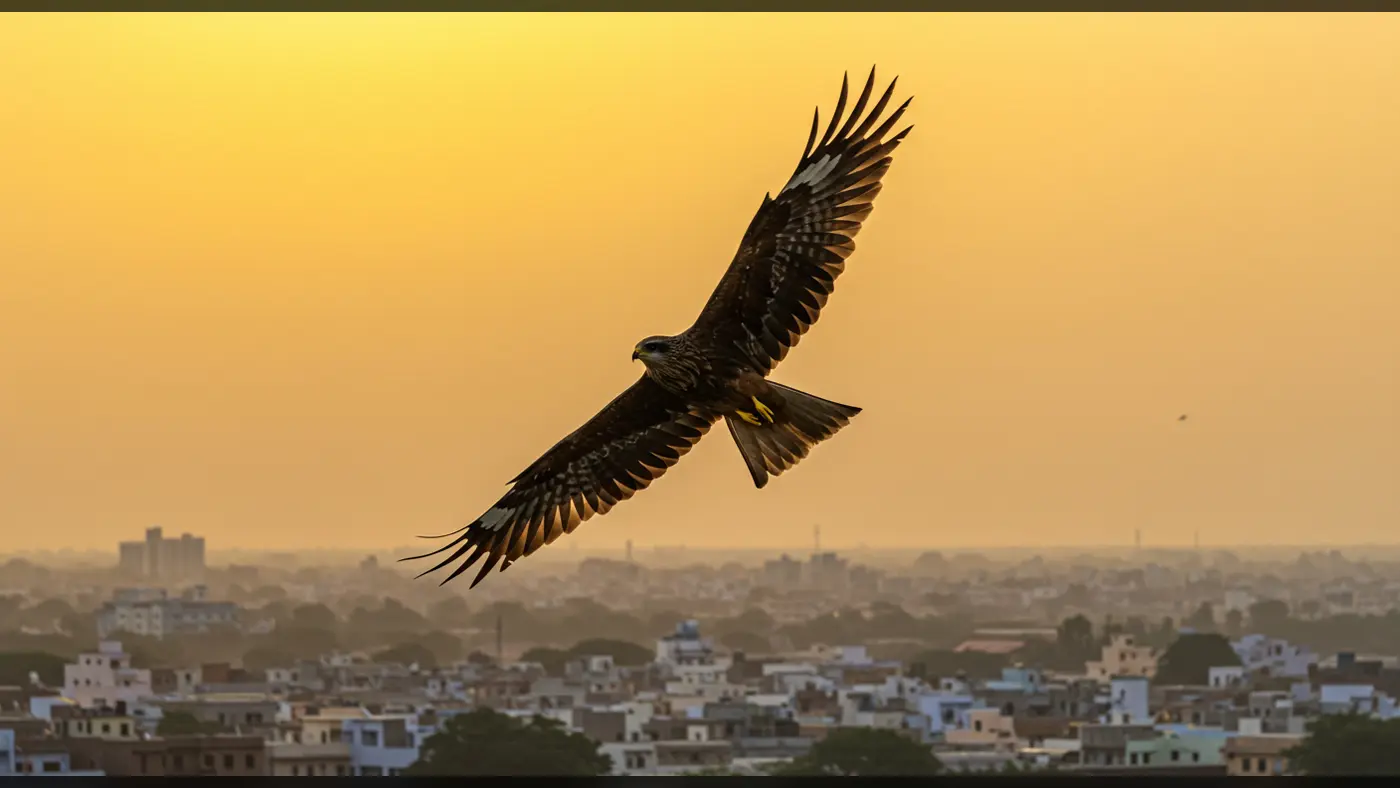 Soaring Eagle Silhouetted Against Urban Skyline at Sunset