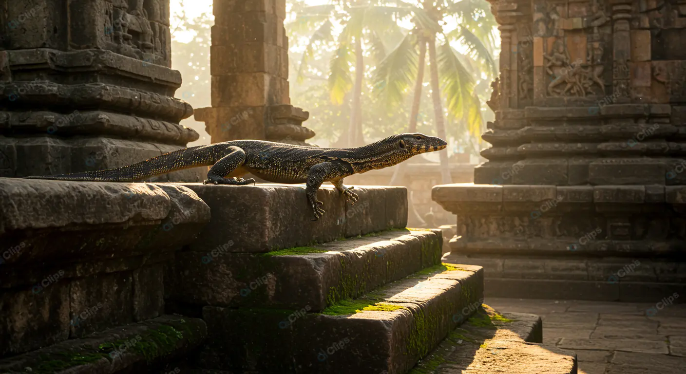 Ancient Temple Guardian: Lizard on Stone Steps