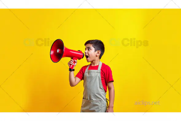 Young Boy Shouting Through Megaphone on Yellow Background