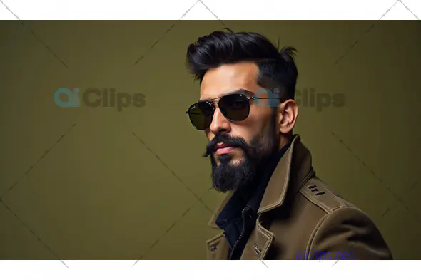 Stylish Bearded Man in Sunglasses and Military Jacket