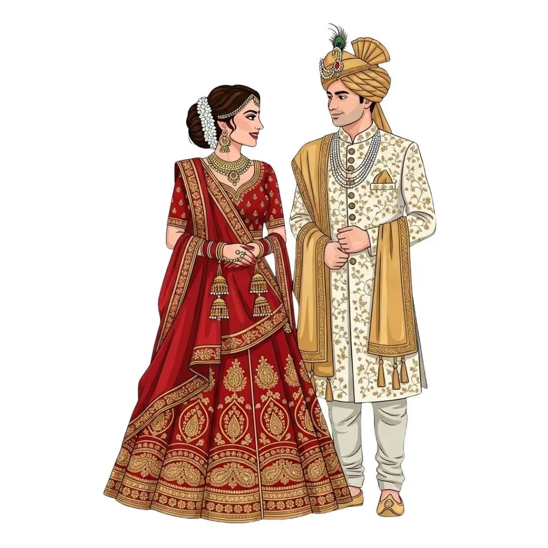 Traditional Indian Wedding Couple Ornate Attire PNG Clipart