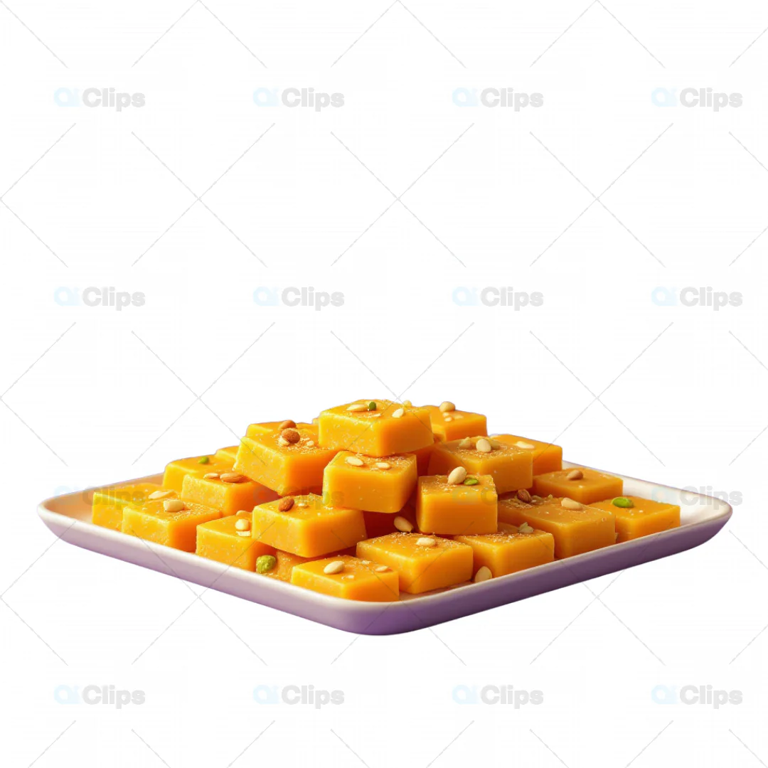3D Indian Mango Burfi on Square Plate