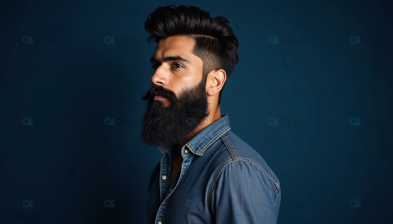 Side Profile of Bearded Indian Man with Styled Hair in Denim Shirt