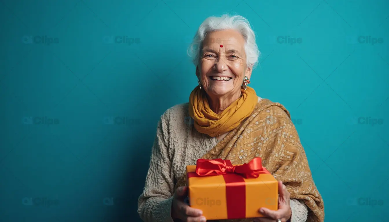 Elderly Woman Holding Gift with Joyful Smile