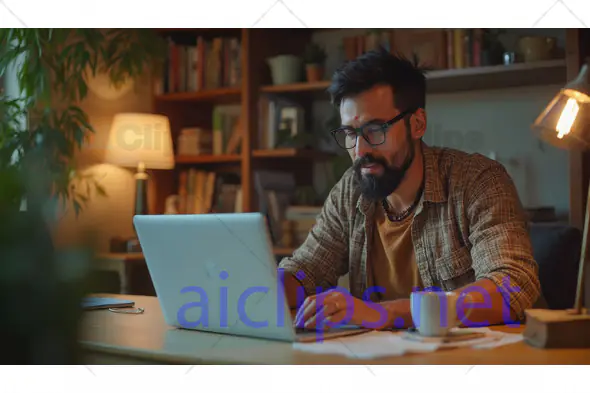Focused Man Working on Laptop at Home