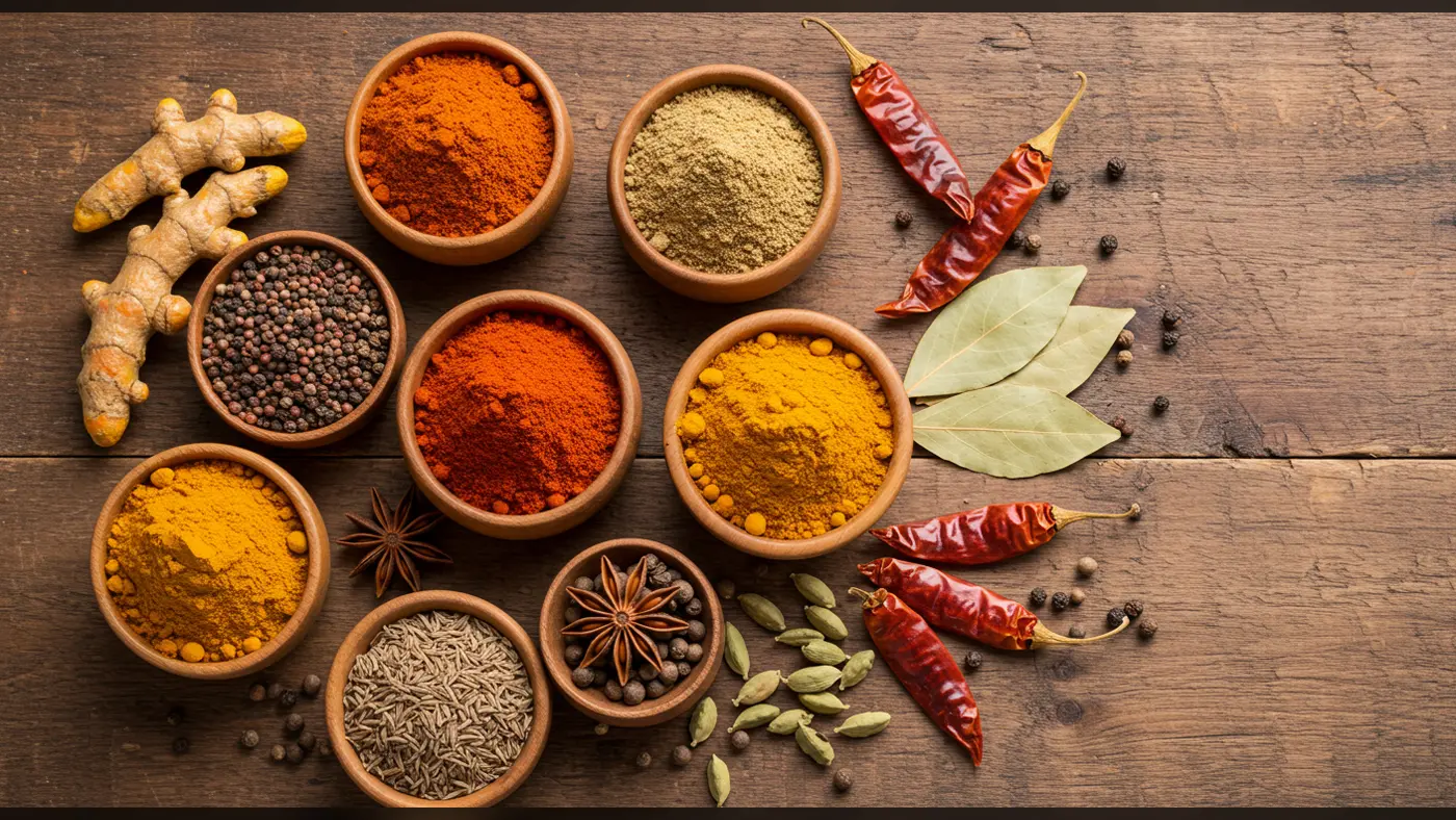 Colorful Indian Masala Spices in Wooden Bowls | Authentic Flatlay | AIClips