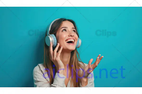 Smiling Woman Enjoying Music on Headphones