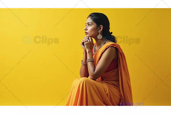 Elegant Woman in Traditional Yellow Saree Posing Against Yellow Background