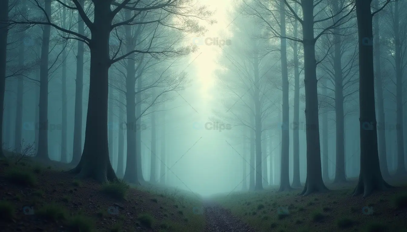 Foggy Forest Path with Tall Trees