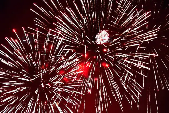 Red and White Fireworks Explosion in Night Sky