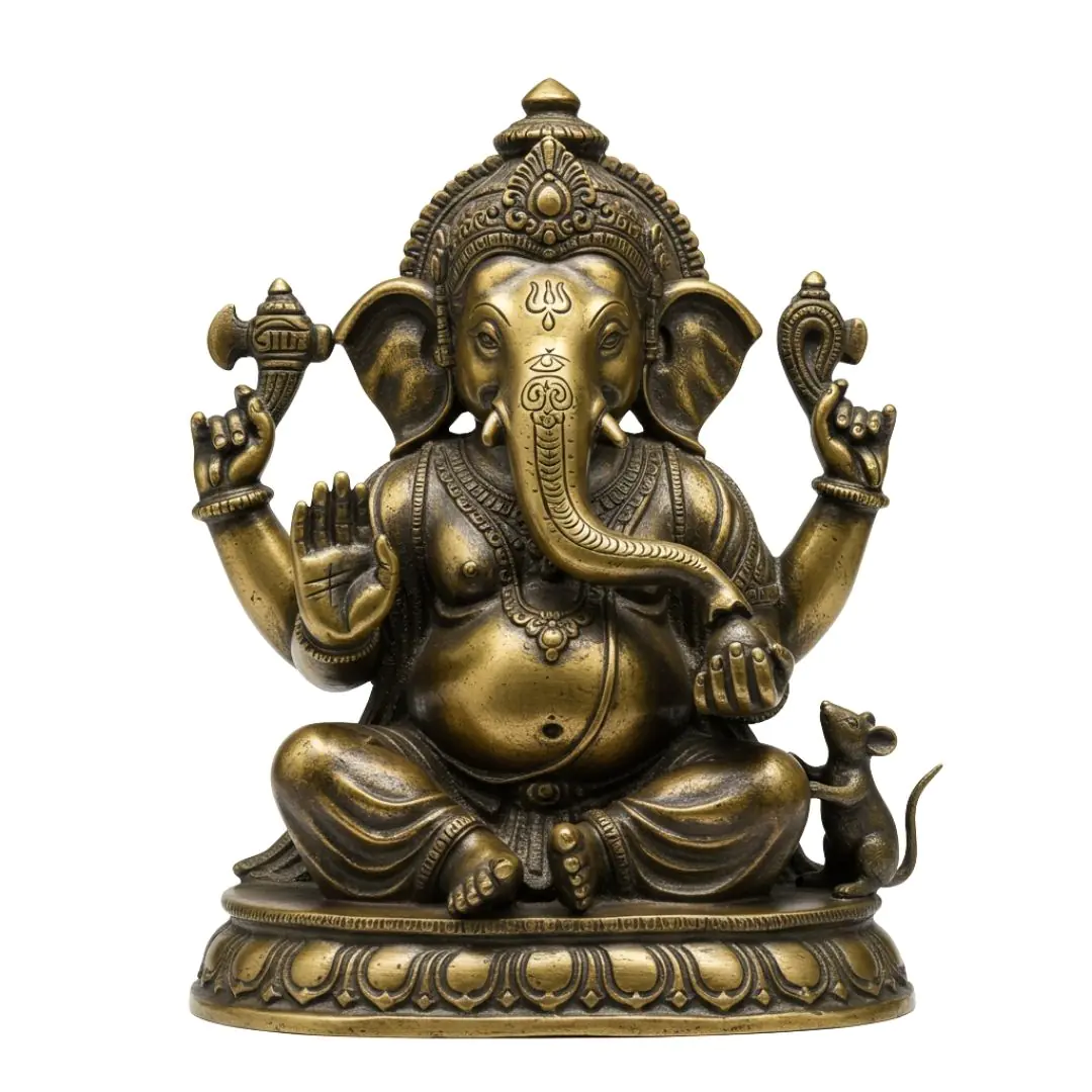 Seated Lord Ganesha Brass Statue with Mouse PNG