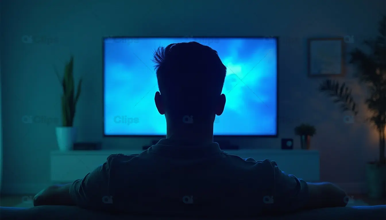 Man Watching TV Screen in Dark Room