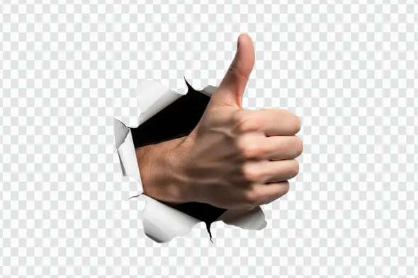 Positive Thumbs Up Hand Bursting Through Paper PNG