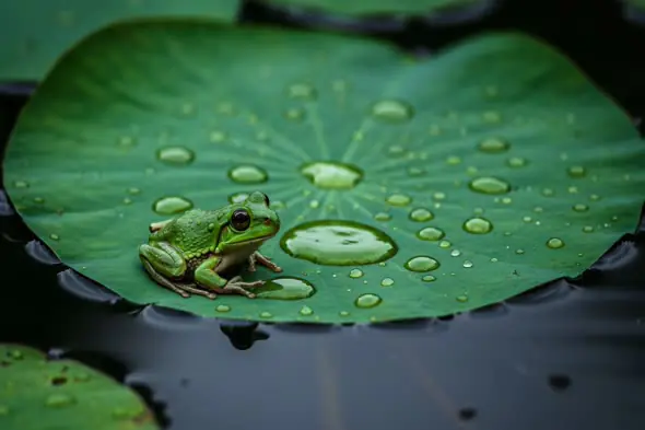 Green Frog on Lily Pad After Rain