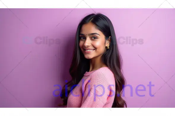 Smiling Woman in Pink Sweater Against Purple Background