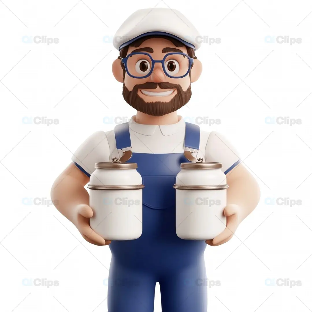 3D Bearded Milkman Avatar Holding Milk Cans