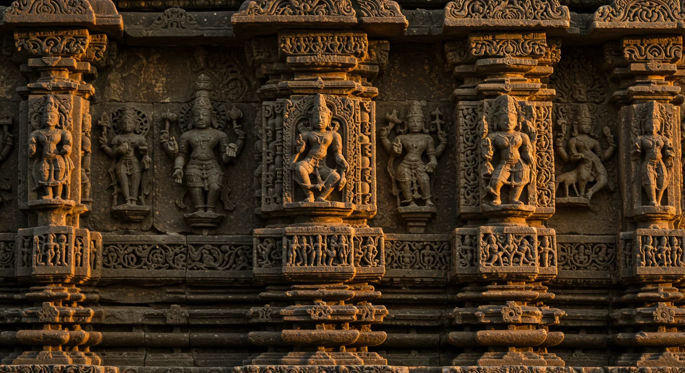 Ancient Temple Stone Carvings in Sunset Glow | Indian Heritage Texture by AIClips