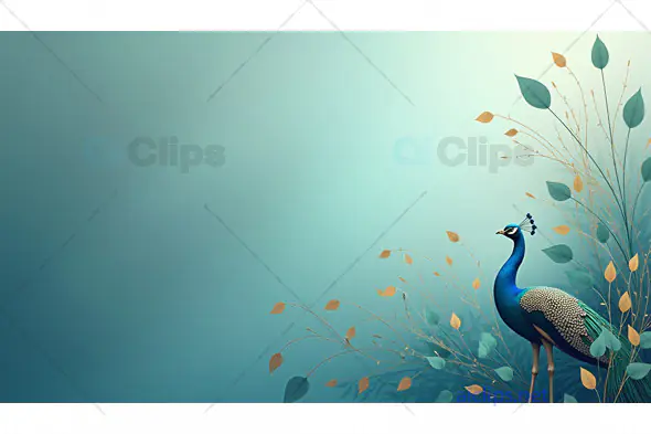 Elegant Peacock Design on Teal Background with Gold Leaves