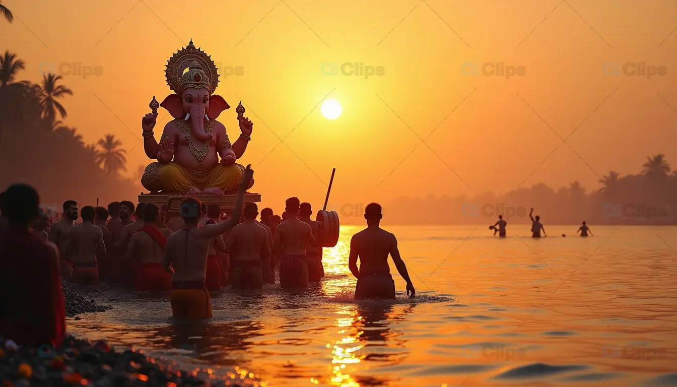 Ganesh Visarjan Procession at Sunset with Devotees in River