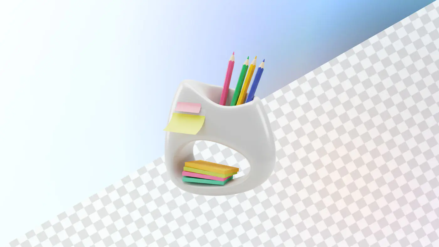 Modern desk organizer with colorful pencils and sticky notes
