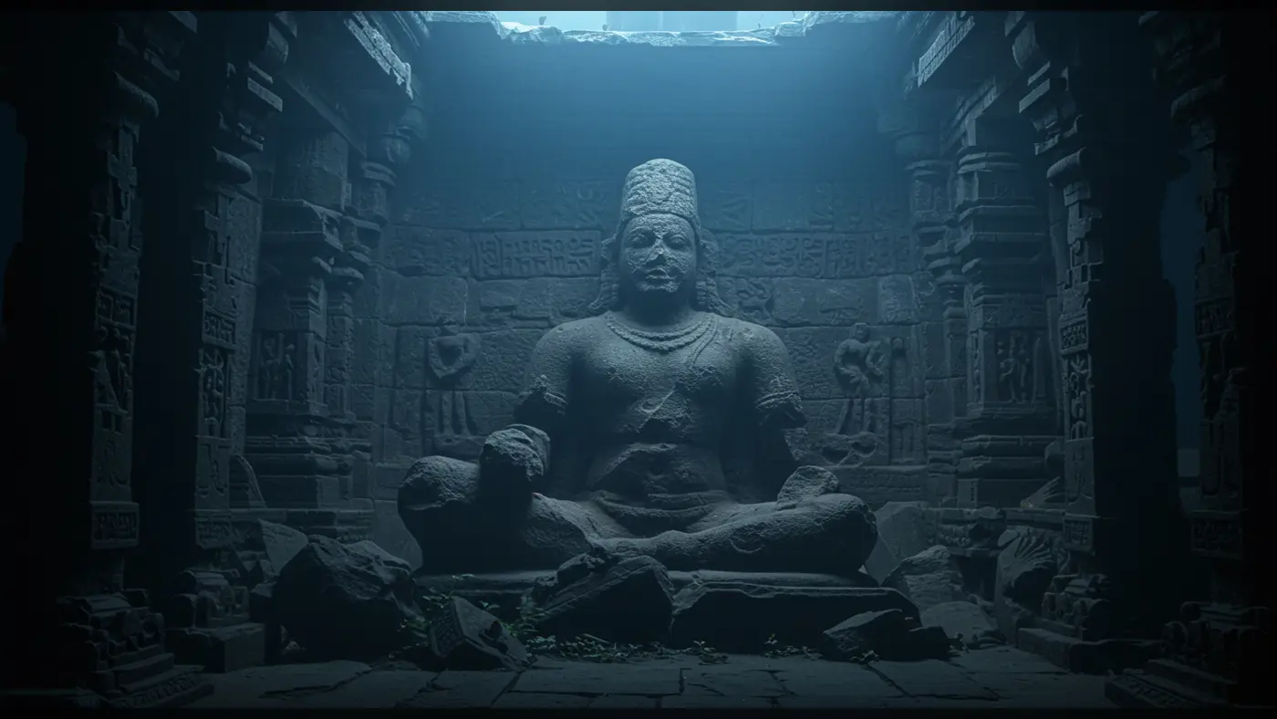 Ancient Broken Idol in Misty Temple – Moody Indian Ruins