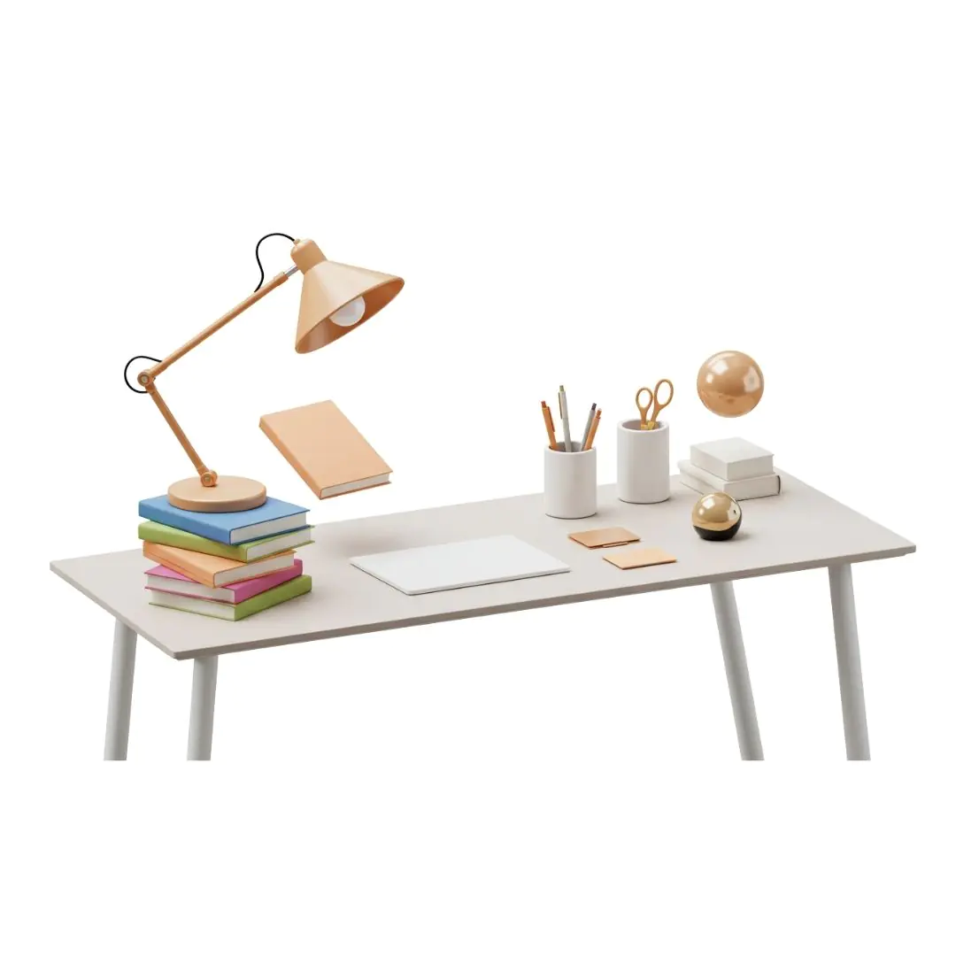 Modern workspace desk with books and desk lamp