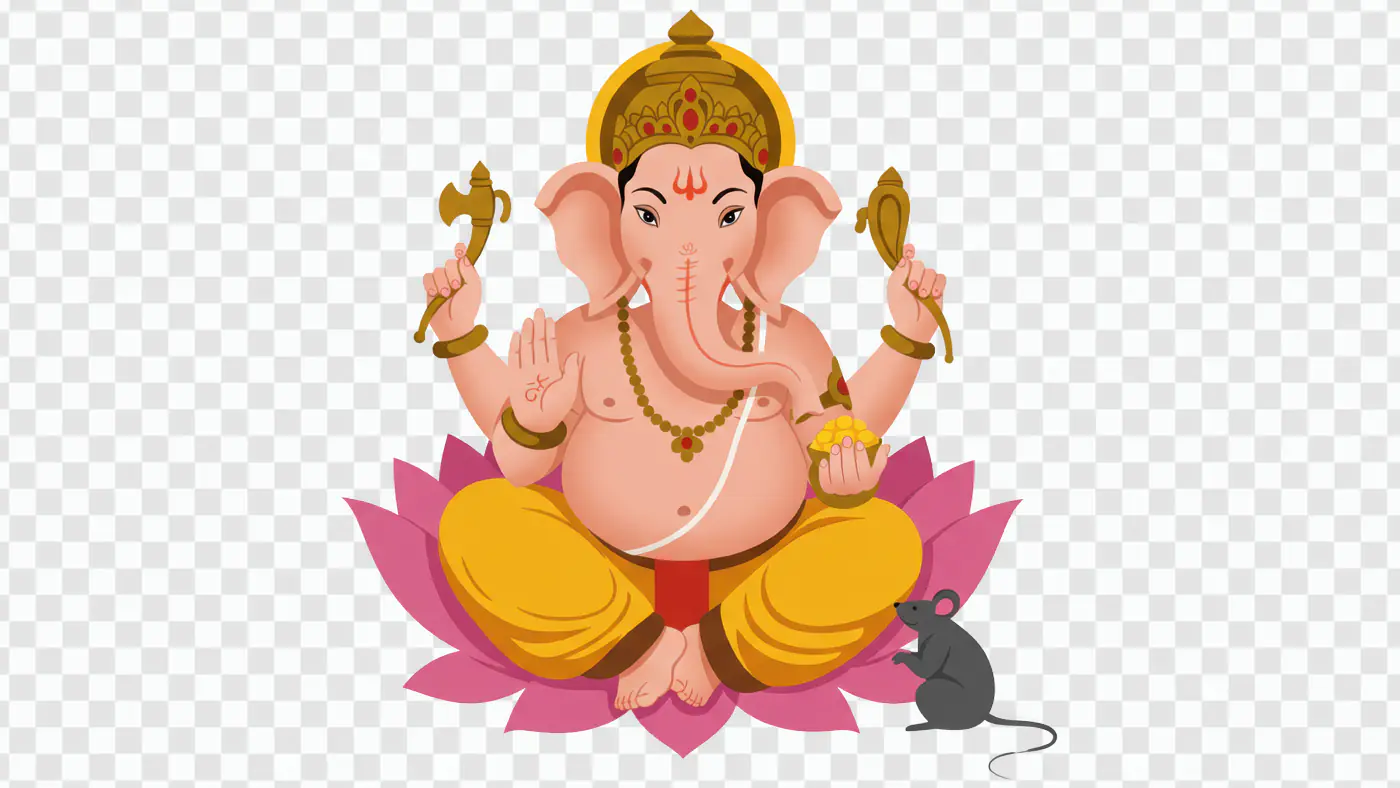 Ganesha on Lotus with Mouse Companion PNG