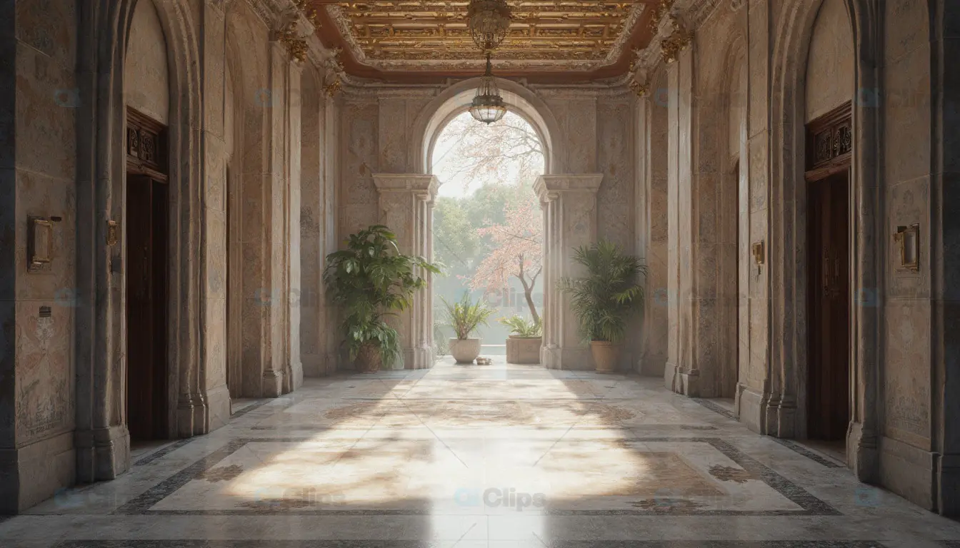 Elegant Historic Hall with Marble and Archway